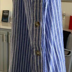 For Cynthia linen blue & white vertical stripe dress- decorative side buttons